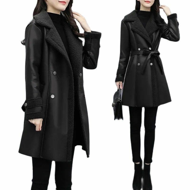 Jaket kulit PU longgar wanita, atasan Luaran satu bulu musim gugur dan dingin 2023