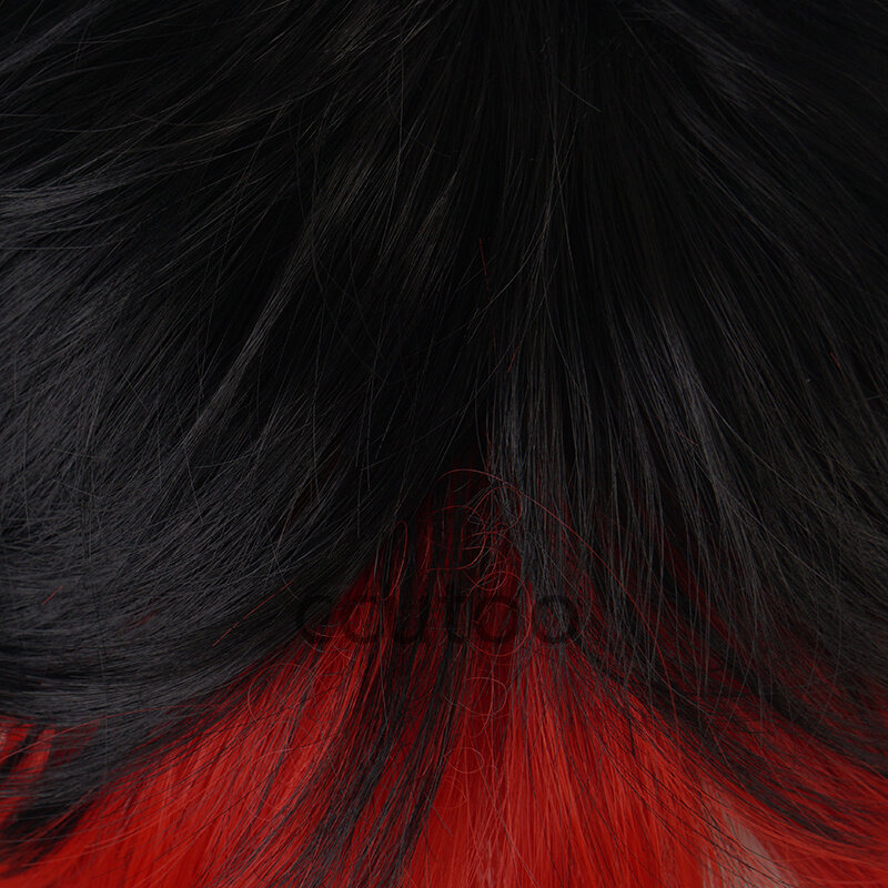 عرض بواسطة روك!! الغراب Guren شعر مستعار تأثيري قصيرة أسود أحمر الانفجارات مختلطة مقاومة للحرارة الاصطناعية الشعر هالوين الطرف شعر مستعار