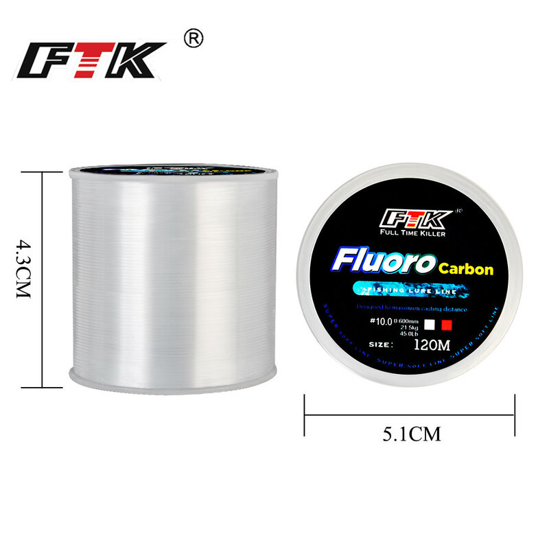 FTK-sedal de pesca de 120m, 0,2mm-0,6mm, 7.15LB-45LB, proceso de tratamiento de recubrimiento de fluorocarbono, superficie de carbono, moléculas de nailon