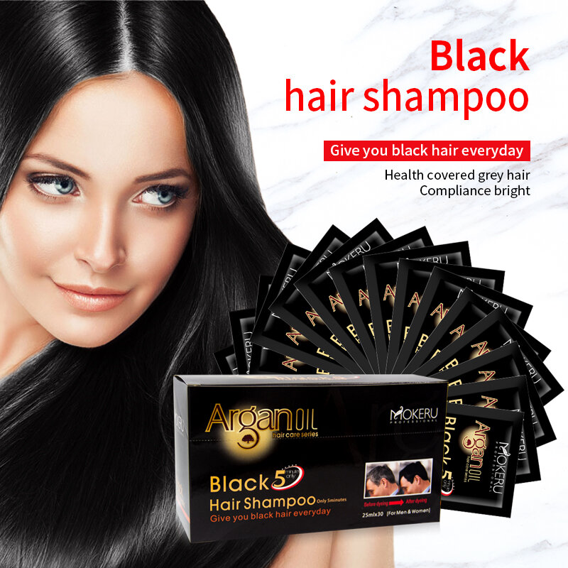 Mokeru 5pc/Lot Natural Herbal Argan Oil Essence Permanent Black Color Fast Black Hair Dye Shampoo For Covering Gray Hair Shampoo