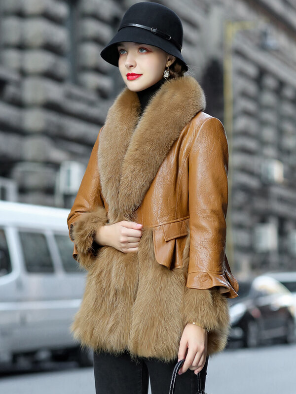 女性の冬のための贅沢な革のコート,自然なキツネの毛皮のシープスキンジャケット,ファッショナブルな暖かい毛皮のコート,新しいコレクション2021