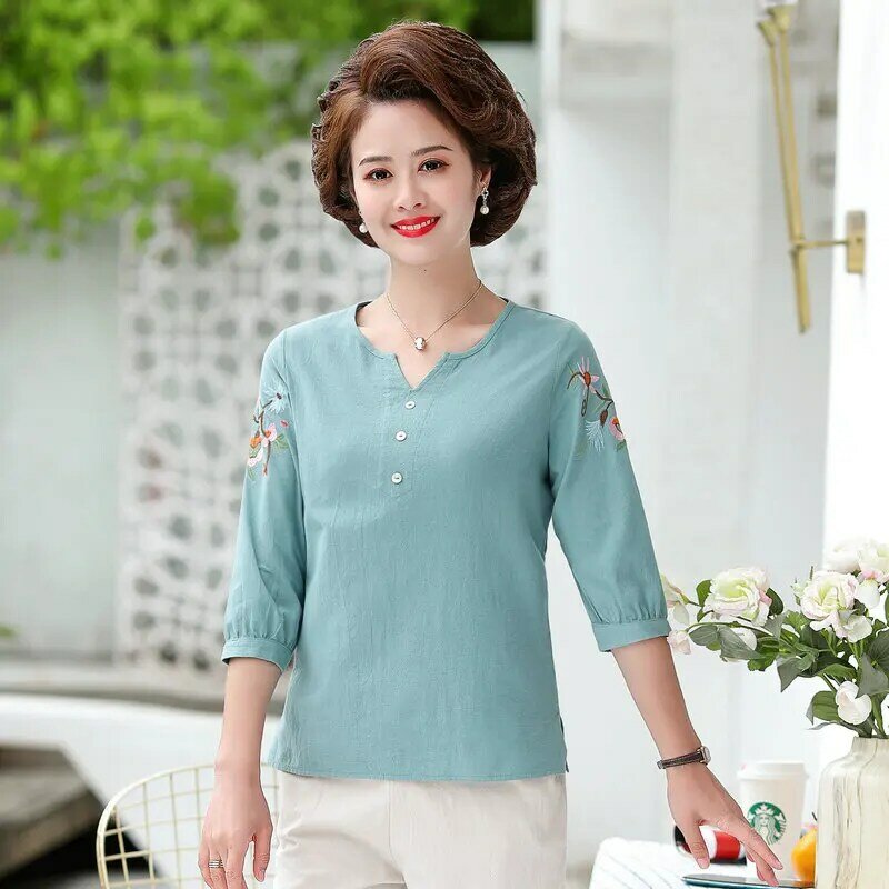 Chinese Style Women Casual Cotton Blouses Pink Blue Orange Flower Embroidery Half Sleeve Peasant Blouse Woman Stitchwork Top New