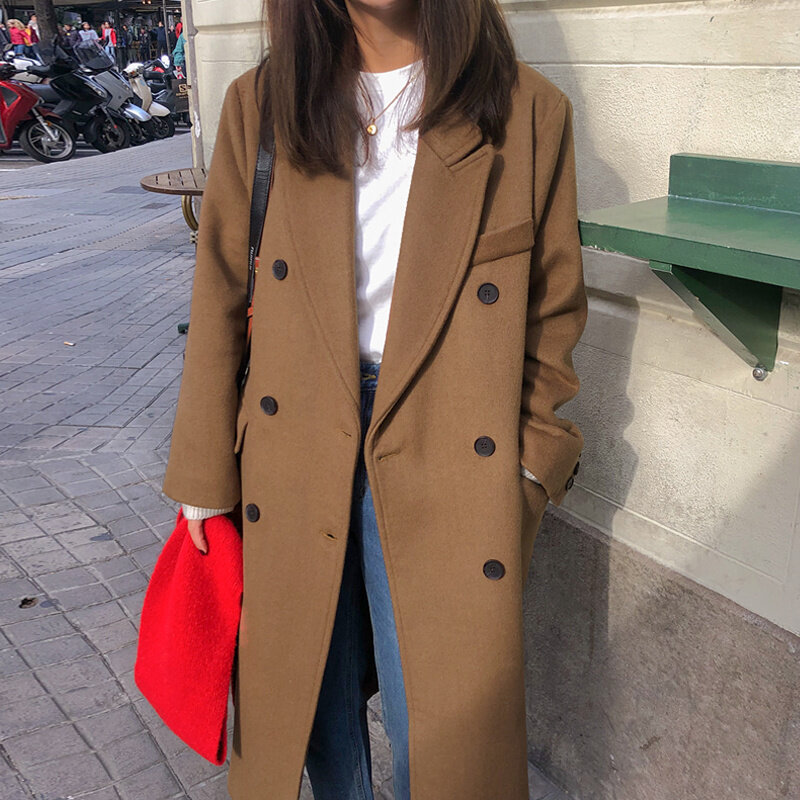 Autumn and winter medium long woolen coat women's woolen coat over the knee thickened to show thin pure color suit collar