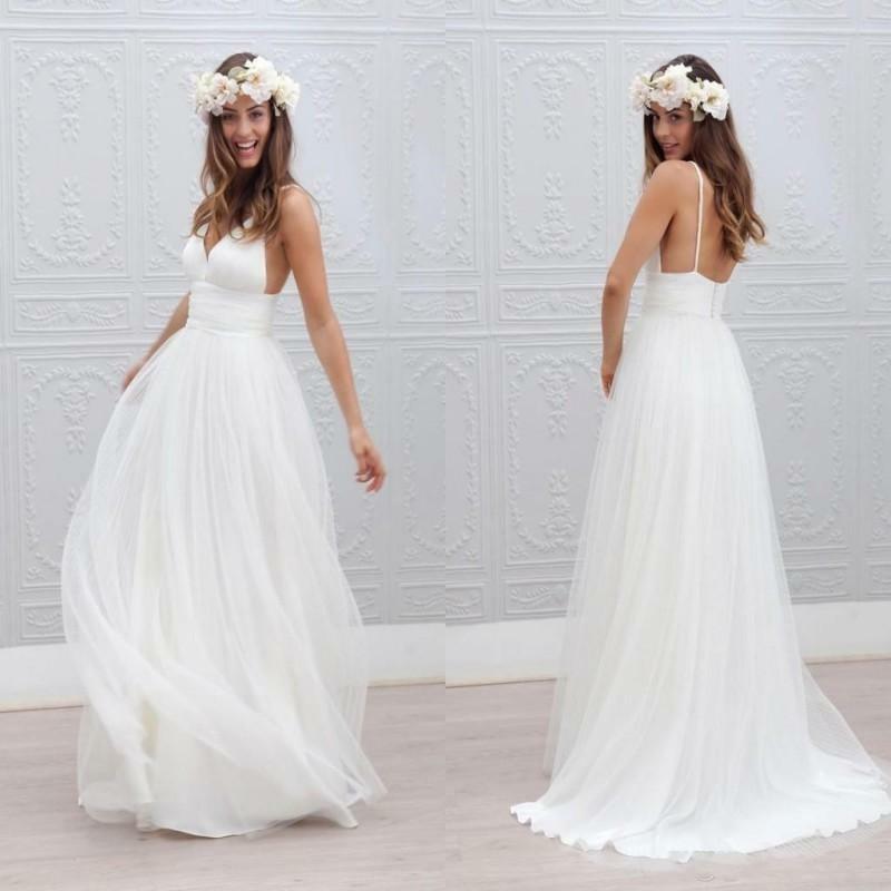 Frete grátis branco vestidos de casamento personalizados macio tule praia vestidos de noiva v-neck alças de espaguete luxo princesa vestidos de festa