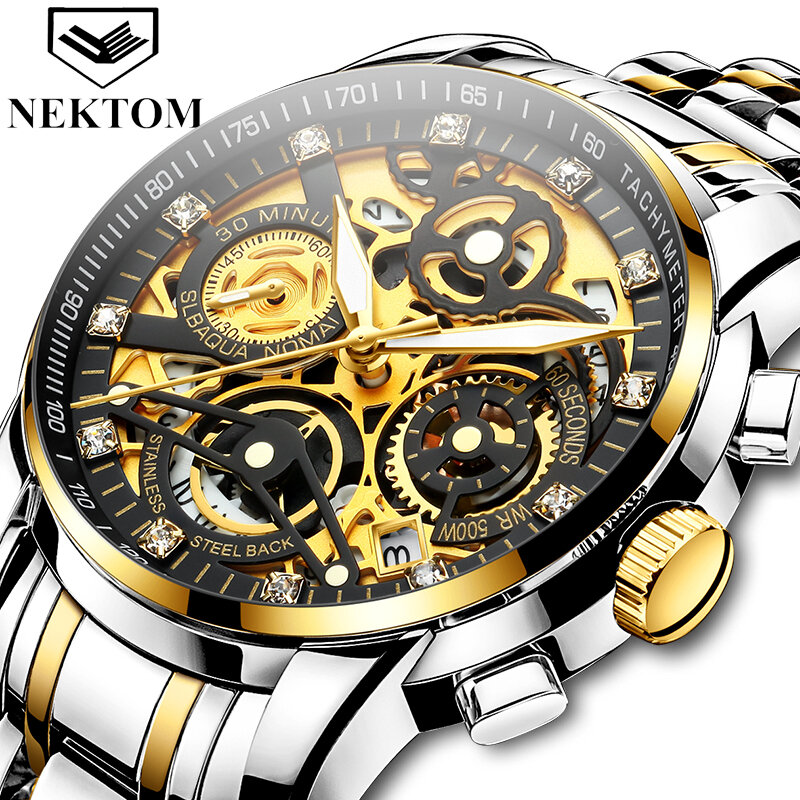 Reloj de pulsera de cuarzo y acero para hombre, cronógrafo de lujo, resistente al agua, con calendario, marca NEKTOM