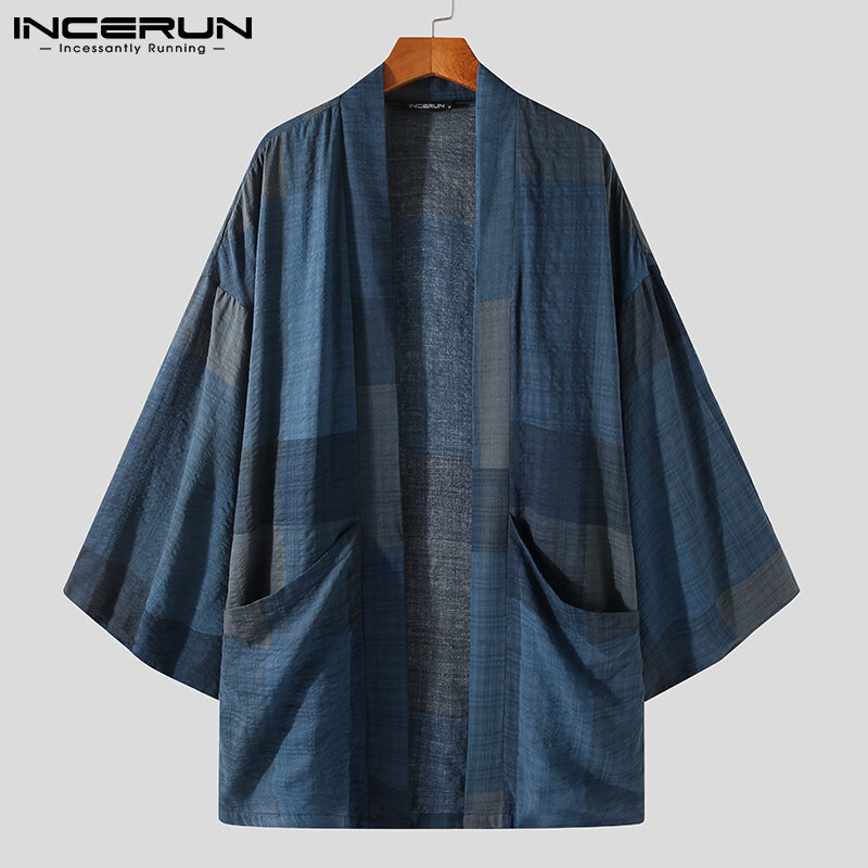 Moda masculina trench algodão ponto aberto casacos sólido manga longa casual japonês kimono streetwear cardigan 2023 outerwear incerun