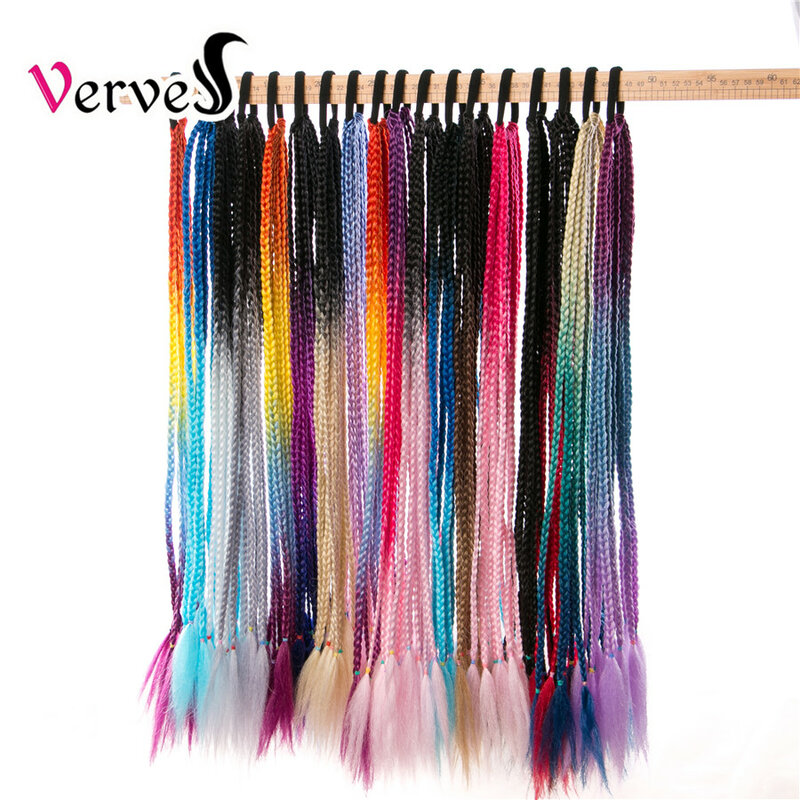 Verves-子供、ヘアリング、編み込みボックス用の輪ゴム付き合成ポニーテールヘアピース、女の子のための編組エクステンション、ピンクのレインボー、24インチ