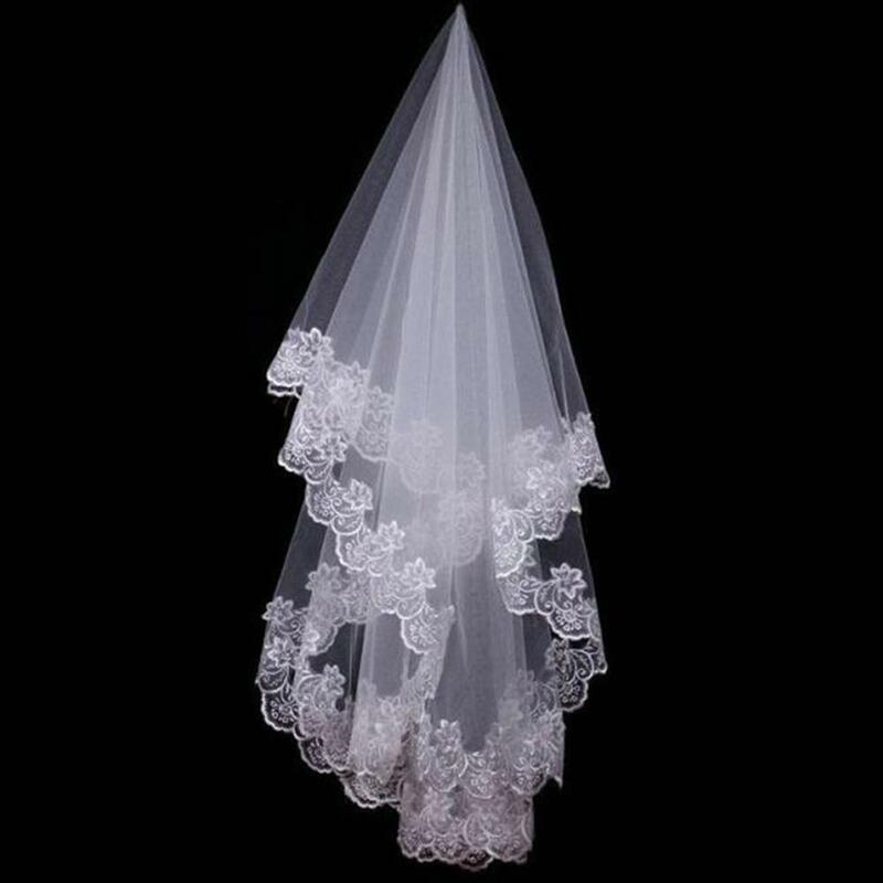 In Stock White Ivory Cathedral Wedding Veils Short One Layer Bridal Veil Appliques Lace Edge No Comb Accessories