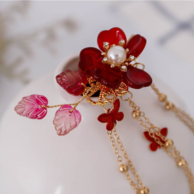 1pair Chinese Hanfu Hair Accessories Red Flower Hairpins Vintage Dress Headwear Long Butterfly Tassels Hair Clip Noiva Jewelry