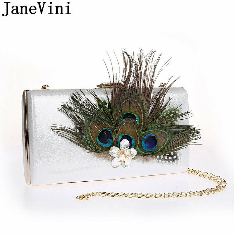 JaneVini นกยูง Feather คลัทช์สี่เหลี่ยมผืนผ้าคริสตัลเพิร์ล Crossbody Bag Gold Royal Blue Evening กระเป๋าสตรีกระเป๋าถือ