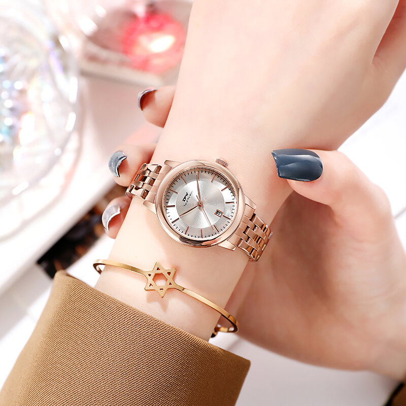 Relógios de ouro rosa para senhoras, Vestido de luxo feminino, Pulseira elegante