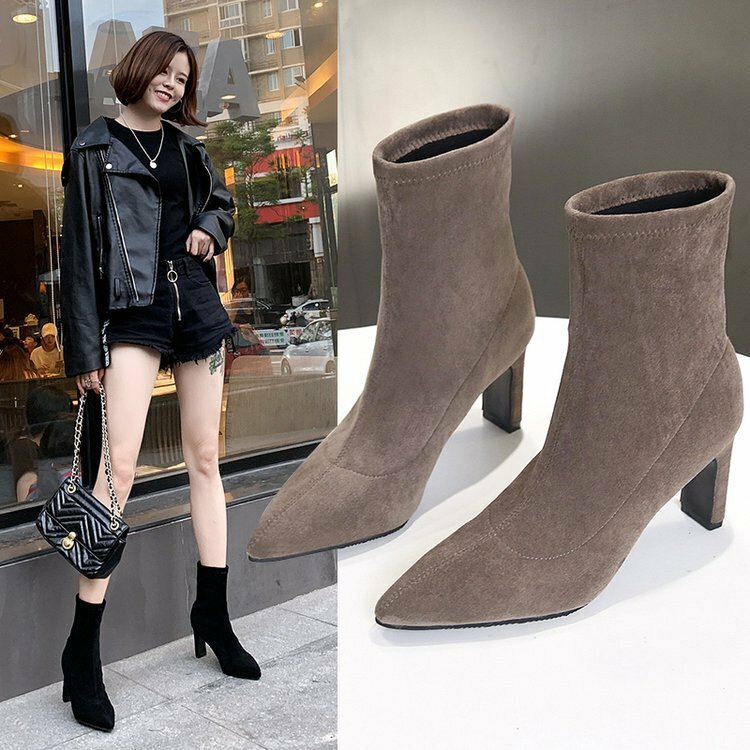 Ho Heave 2019 Pointed Booties Female High Heel Suede Fashion Wild Slim Elastic Boots Comfortable Keep Warm Three Colors Optional