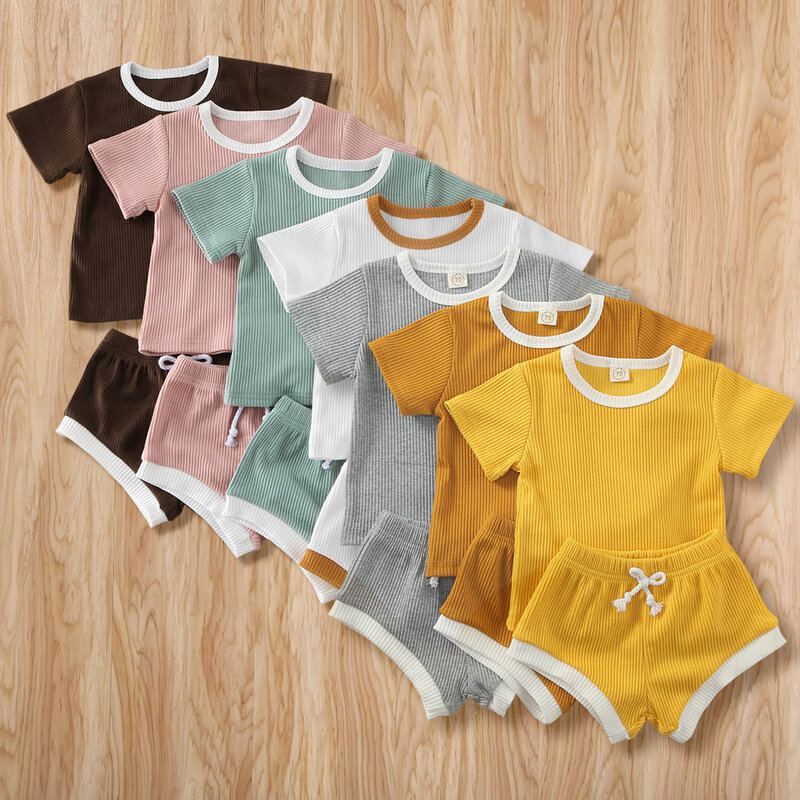 Комплект из 2 предметов, модная летняя одежда для новорожденных девочек и мальчиков, повседневные хлопковые топы с короткими рукавами, футб...