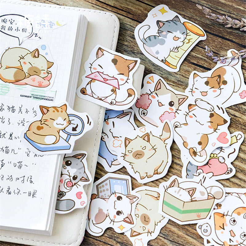 45 Buah/Boks Stiker Kertas Mini Diy Kucing Nakal Album Diary Stiker Dekorasi Buku Tempel Alat Tulis Kawaii