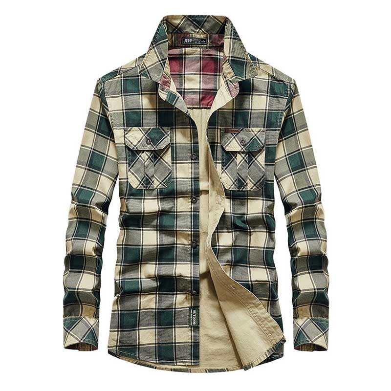 Mcikkny Autumn Men's Cargo Plaid Shirt Breathable Cotton Shirts Coat For Male Size M-4XL