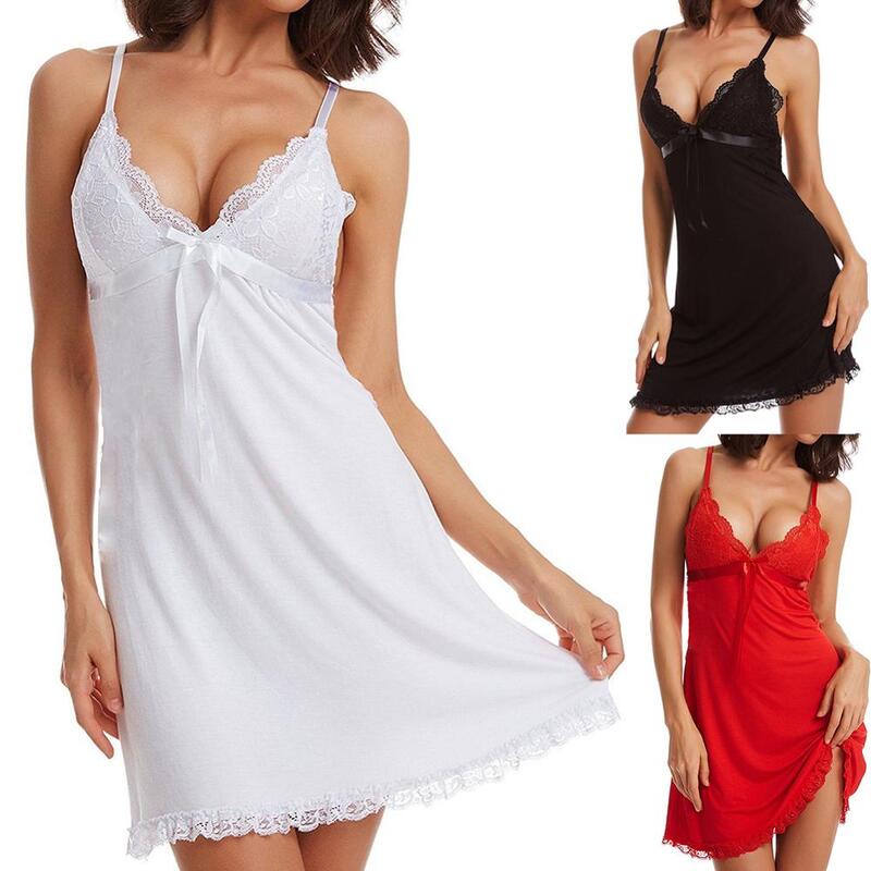 Women Sleepshirts Sexy Nightgown Famale Lingerie Open Back V-neck Lace Nightdress Sexy Lingerie Nightwear Sleepwear Plus Size