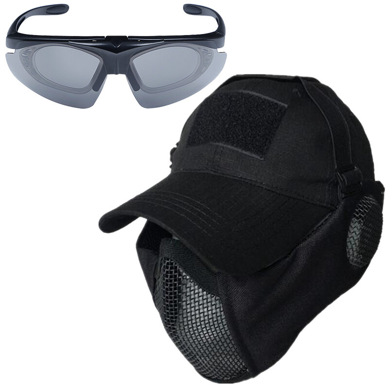 Máscara táctica de malla Airsoft con protección para los oídos, gorra de béisbol, sombrero, gafas para Airsoft, Paintball, tiro, equipo militar, deporte