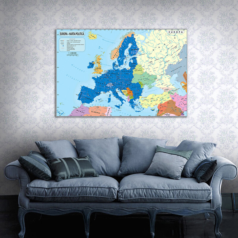 Rumania Eropa Peta 150*100Cm Non-anyaman Kanvas Peta Eropa Wallpaper Dinding Seni Besar Poster Perlengkapan Sekolah Dekorasi Rumah