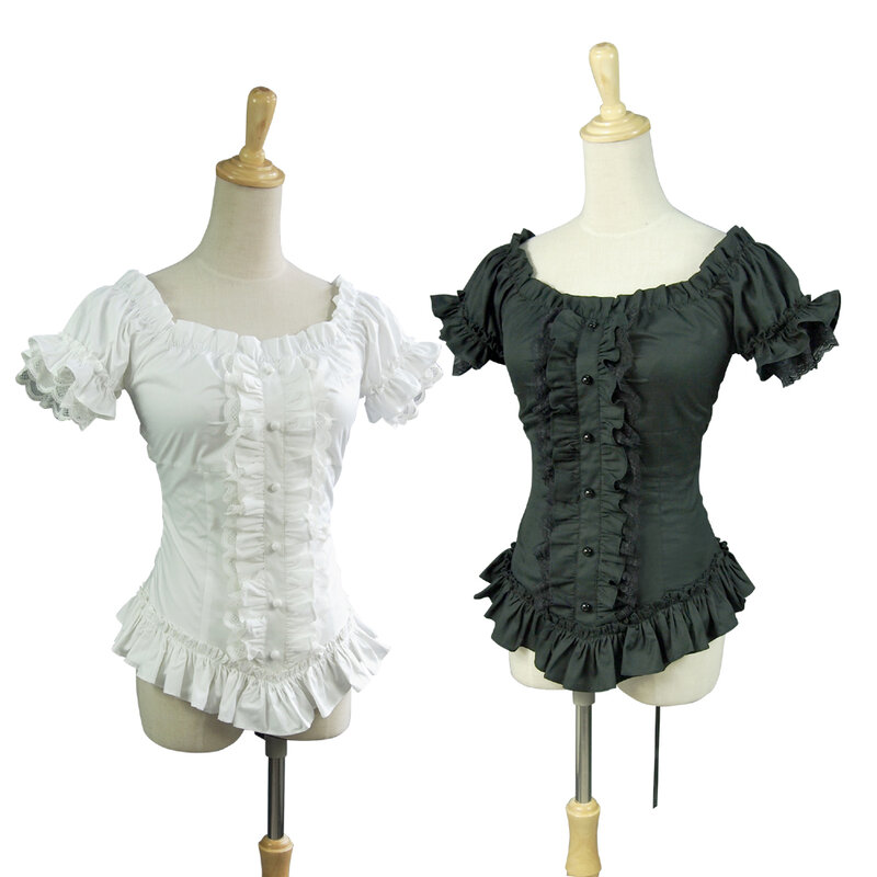 Camisa corta gótica Vintage para mujer, Tops victorianos blancos, camisa plisada de algodón con vendaje de encaje, blusa Lolita para mujer, disfraz de verano