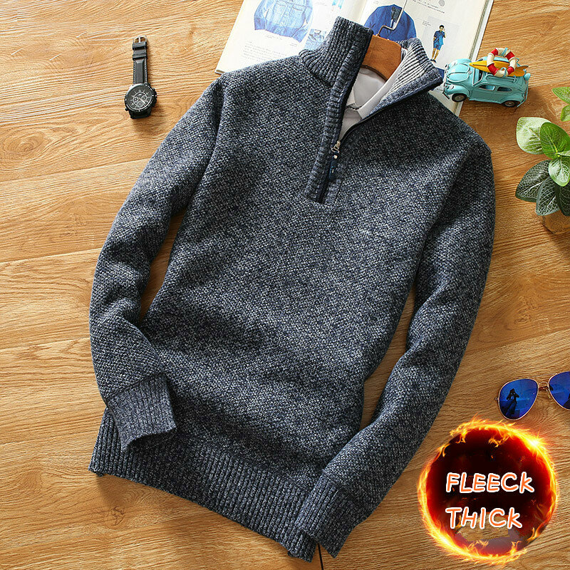 Зимний мужской толстый свитер из флиса на половину молнии, теплый пуловер с высоким воротником, качественный мужской тонкий вязаный шерстяной свитер на весну