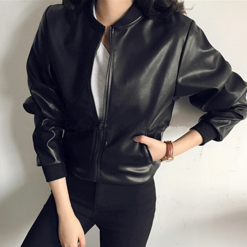 Jocoo Jolee ผู้หญิง PU Faux หนังแจ็คเก็ต Zipper Bomber Coat ฤดูใบไม้ร่วงสีดำ Moto Biker Jacket ขนาดใหญ่ Outwear