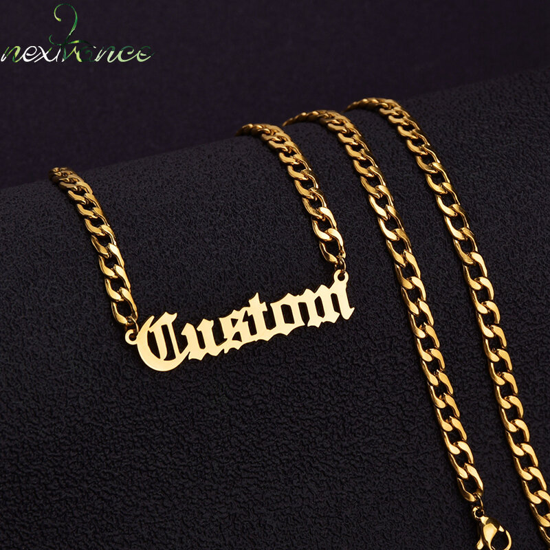 Kalung Nama Kustom Personalisasi Kalung Liontin Warna Emas 4Mm NK Rantai Disesuaikan Papan Nama Kalung untuk Wanita Pria Hadiah Buatan Tangan