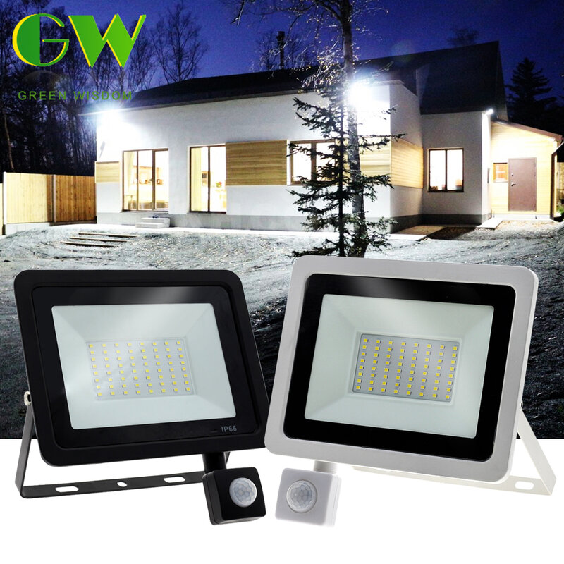 LED Floodlight PIR Motion Sensor White/Warm White IP66 AC220V Exterior Projector Spotlight SMD2835 Outdoor Lighting Floor Lamp