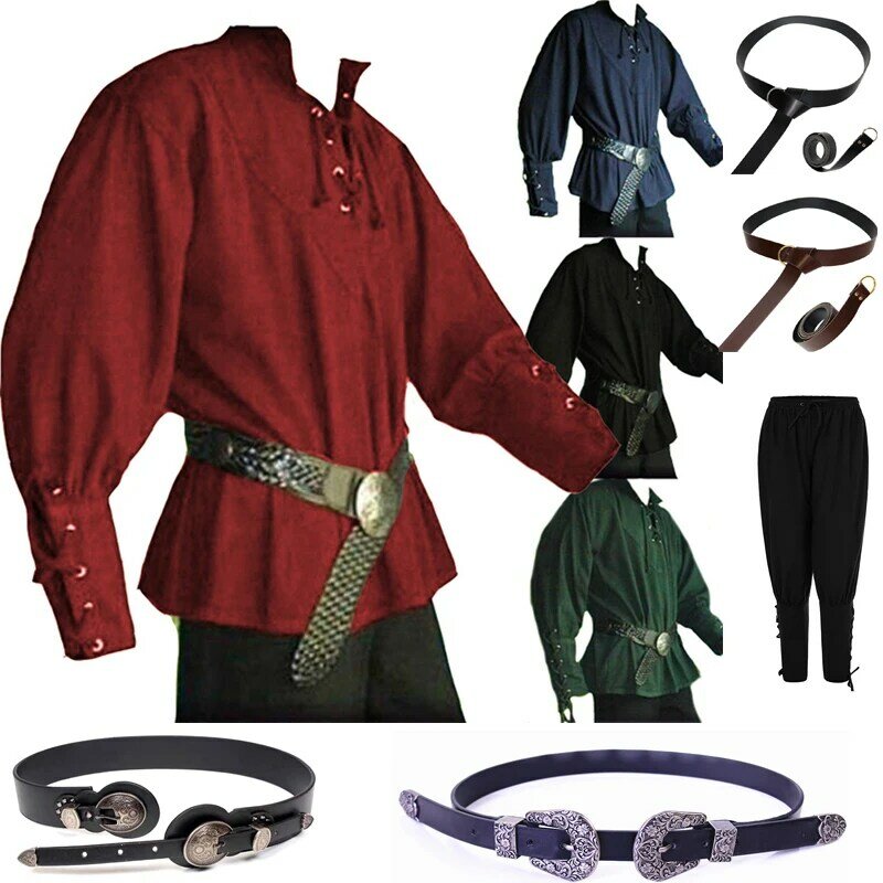 Men Medieval Renaissance Grooms Pirate Reenactment Larp Costume Lacing Up Shirt Bandage Top Middle Age Clothing Adult Pants Belt