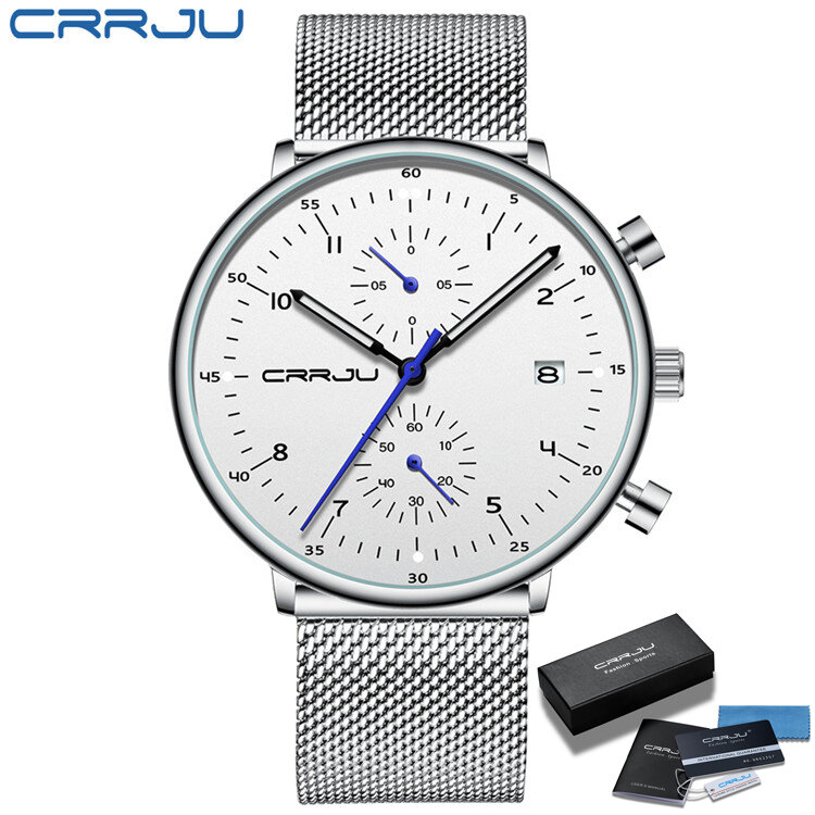 Crrju – Montre de Sport pour hommes, minimaliste, de luxe, élégant, moderne, décontracté, en acier, chronographe, à Quartz