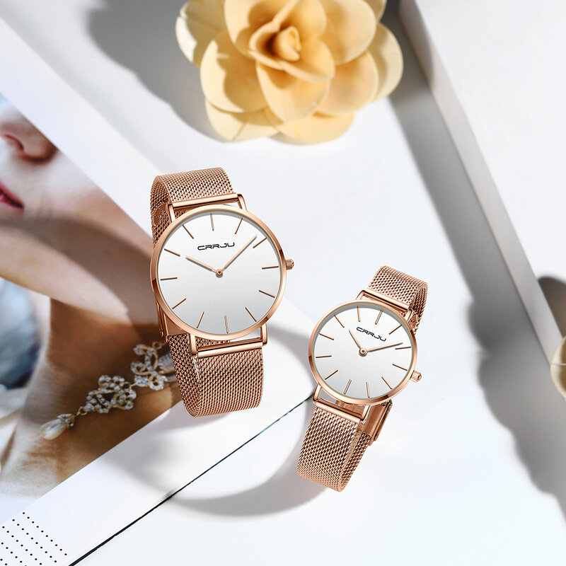 CRRJU modny zegarek dla par japonia ruch prosty wodoodporny różowe złoto siatka ze stali nierdzewnej damski zegarek kwarcowy zegarek mężczyźni relogio