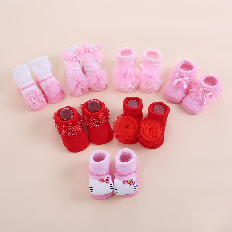 귀여운 새로 태어난 아기 소녀 양말, 공주 흰색 빨간색, 유아 레이스, 유아 양말, 면화, 나비 매듭 세트, 어린이