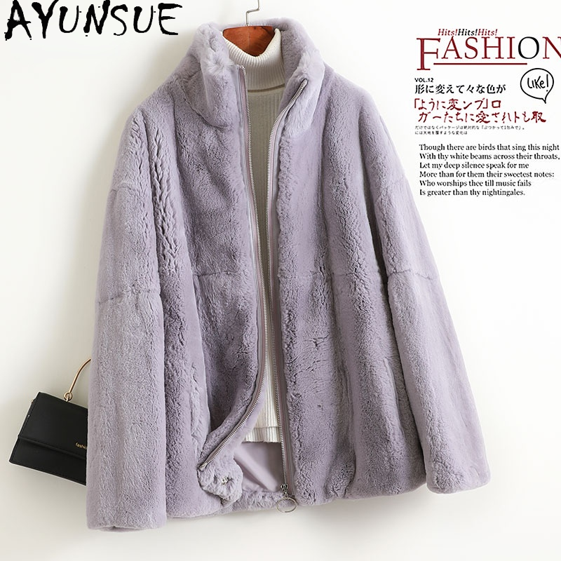 Куртка AYUNSUE, теплая, плотная, настоящий мех кролика, женская, зимняя, 2021, короткая, повседневная, меховая, Gxy525
