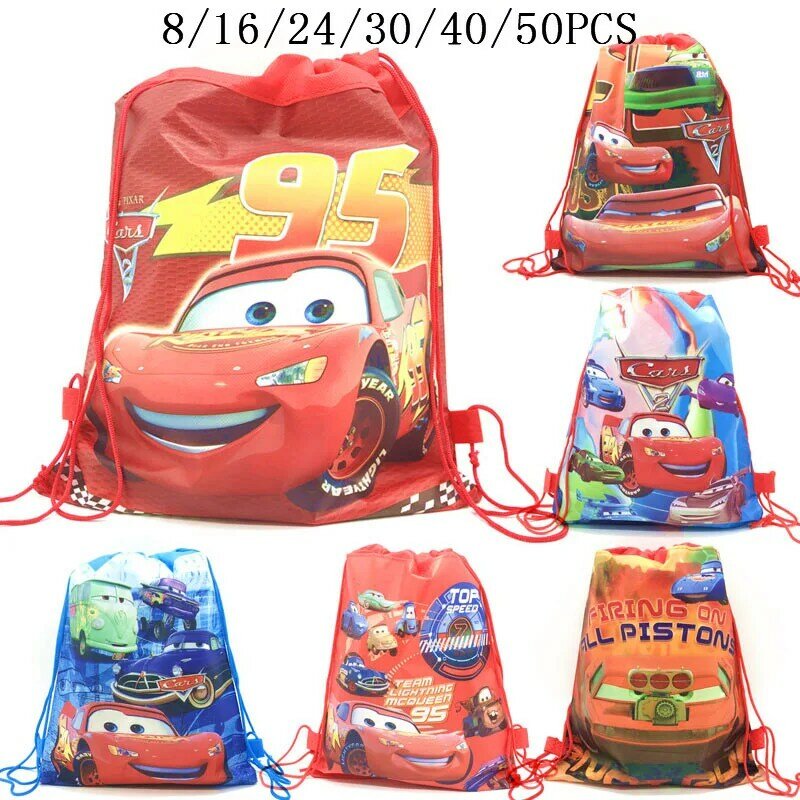 8/16/24/50PCS Cars Lightning McQueen Birthday Party Gifts Non-woven Drawstring Bags Kids Boy Favor Swimming School Backpacks