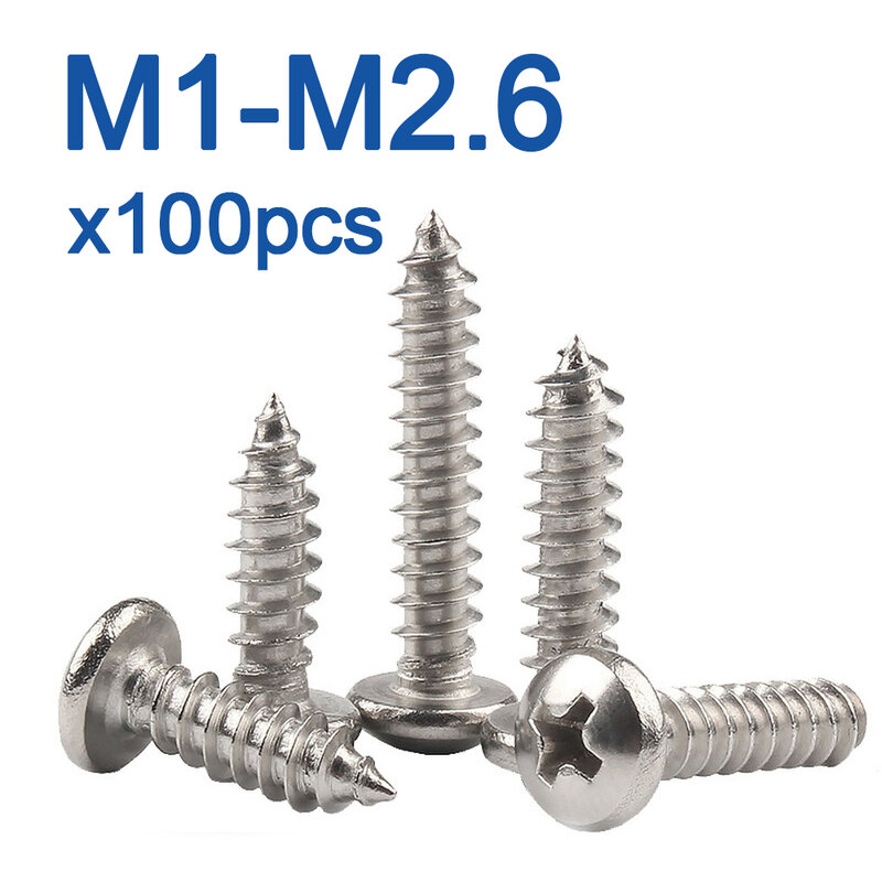 100 pièces/lot vis autotaraudeuses en acier inoxydable à tête ronde encastrée en croix M1 M1.2 M1.4 M1.5 M1.7 M1.8 M2 M2.2 M2.3 M2.5 M2.6