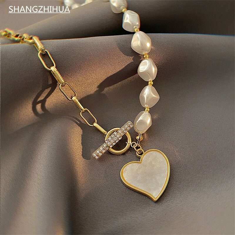 SHANGZHIHUA-Colar de pérolas com pingente de coração para mulheres, corrente oca, joias leves, luxo, presente de festa, tendência fashion, 2021