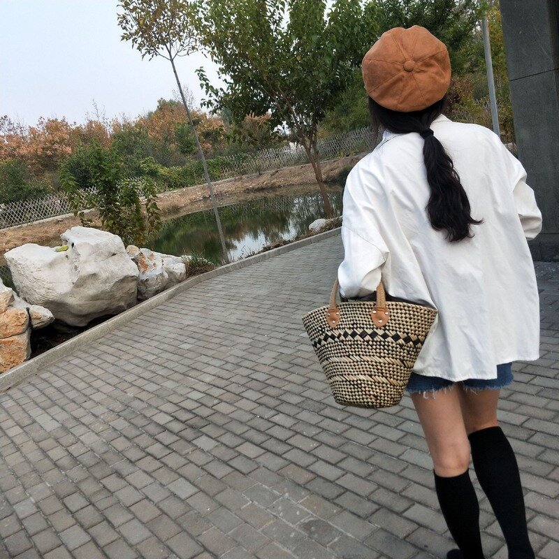 Skew-Bolso tejido de paja retro, hecho a mano, para hierba de agua, bolso de mano, cesta de paja, bolso de compras