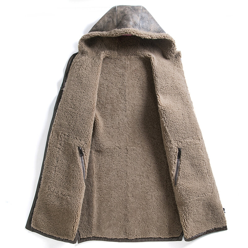 Promote casaco de pele de carneiro, casaco longo de pele de carneiro em marrom 100% real, espesso e quente com capuz, roupas de inverno