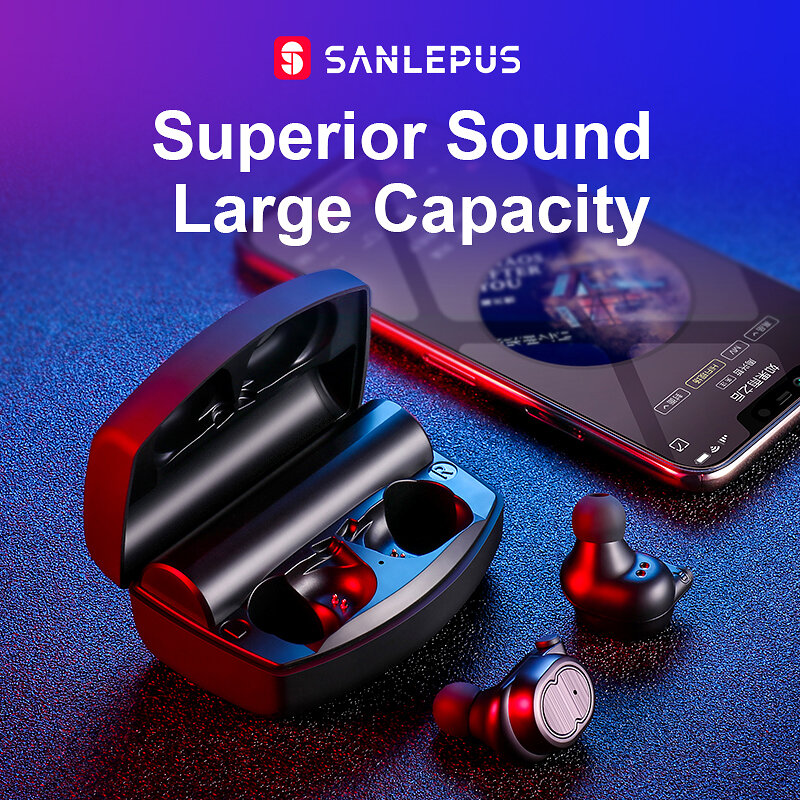 SANLEPUS słuchawki Bluetooth prawdziwe bezprzewodowe wkładki douszne TWS 5.0 słuchawki sportowe zestaw słuchawkowy Stereo z basami redukcja szumów dla telefonów