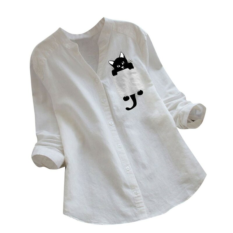 Camisa de lino con estampado de gato para mujer, blusa Kawaii de manga larga, Tops con bolsillo, ropa de primavera