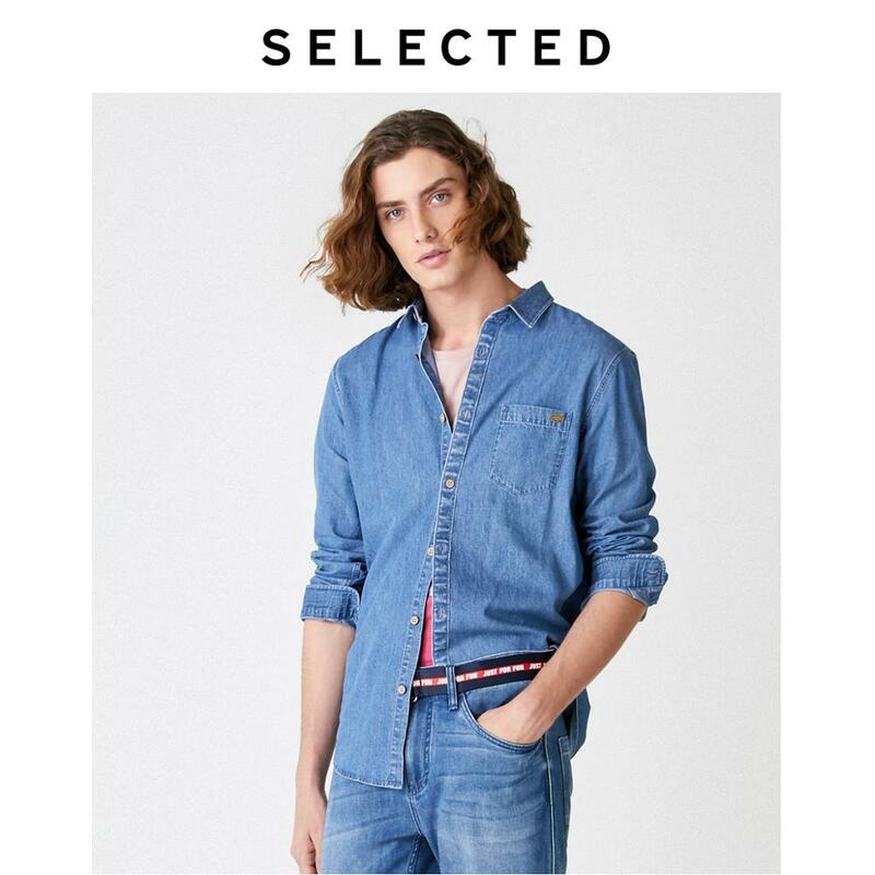 Мужская Стильная модная Повседневная джинсовая рубашка с длинными рукавами из 100% хлопка, 419305579