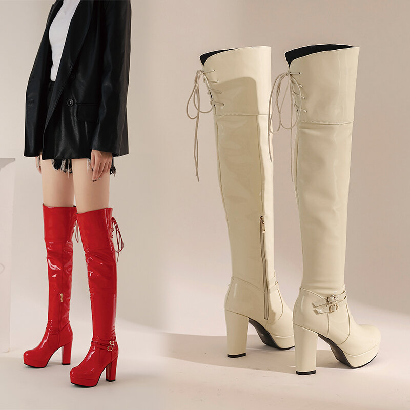 Botas de plataforma de punta redonda para mujer, botas por encima de la rodilla, tacones altos sexys, botas largas de charol para mujer, zapatos de invierno 2023