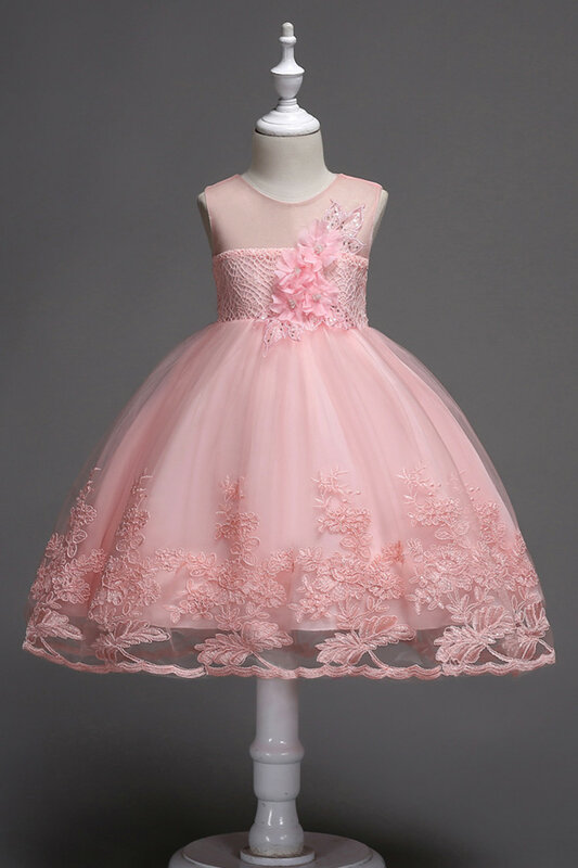 女の子のためのレースのイブニングドレス,ボールガウン,花柄,青,ピンク