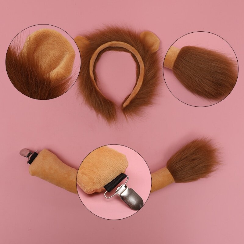 Cosplay Furry Animal Lion Ears Hair Hoop Tail Set Lolita Costume Long Fur Headpiece for Halloween Party Decoration F3MD