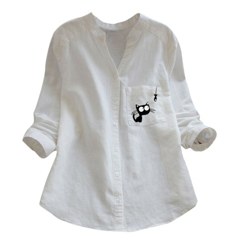Camisa de lino con estampado de gato para mujer, blusa holgada informal de manga larga con cuello, otoño