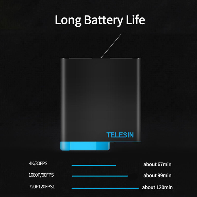TELESIN – lot de 3 batteries 1220mAh, boîte de rangement, chargeur de batterie à 3 fentes avec lumière LED, câble de Type C pour GoPro Hero 5 6 7 8 caméra noire