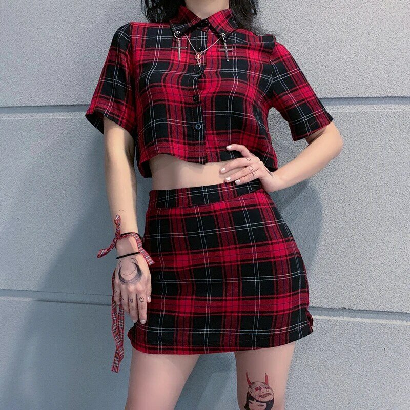 Ruibbit New Women Plaid Shirts Retro Strap Gothic Tops Off-shoulder Chequered Long-sleeved Red Striped Blouses