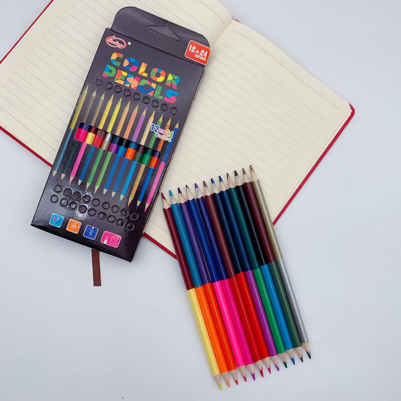 Crayons de couleur à double tête en bois pour le dessin, fournitures scolaires, accessoires de bureau, 24 documents, 12 pièces
