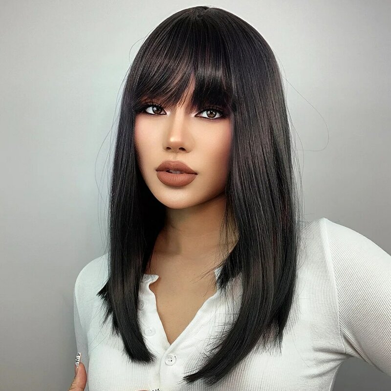 Medium Straight Black Bob Synthetic Wig with Bangs Short Honey Brown Wigs for Woman Auburn Natural Hair Daily Wig Heat Resistant