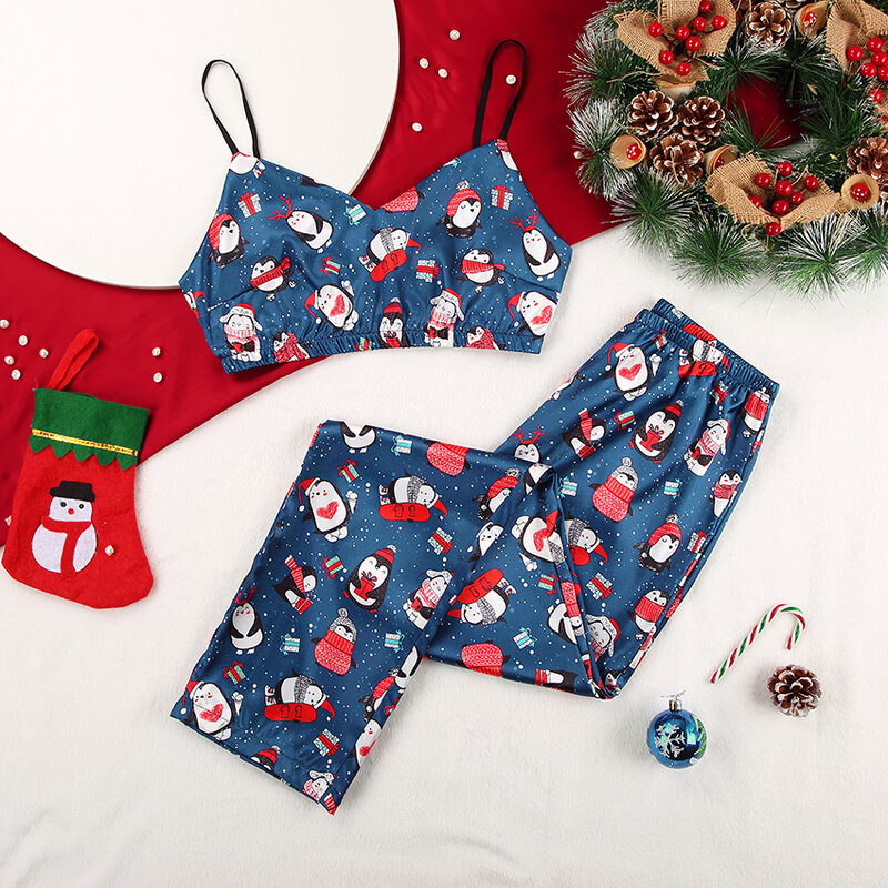 HiLoc Cartoon Print Satin Sleepwear abiti natalizi donna Langerie pigiama Sexy Set modello scollo a v Set due pezzi Top e pantaloni