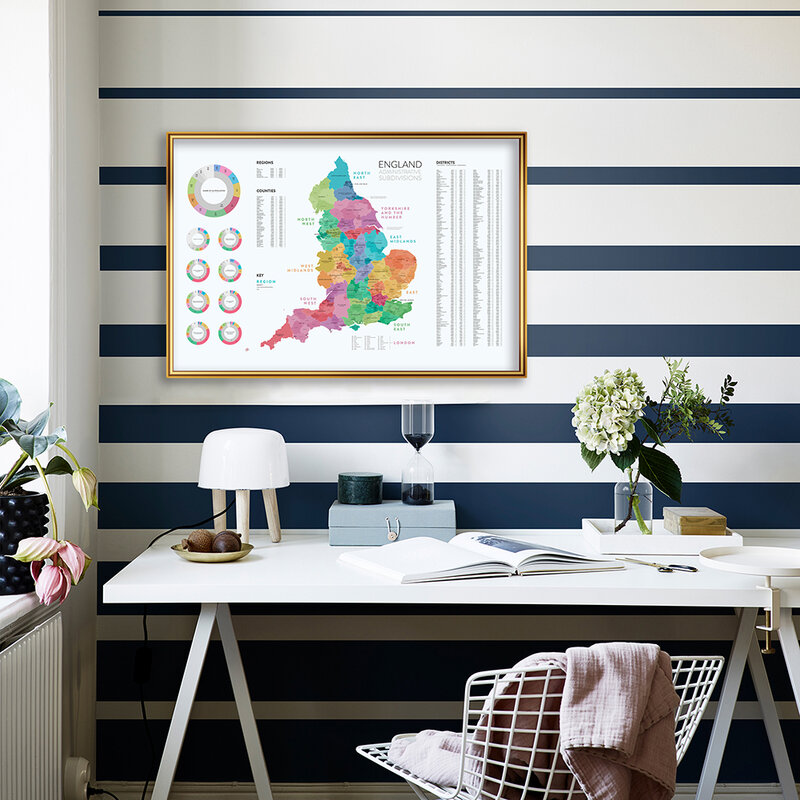 Mapa de las subdivisiones centrales de Inglaterra, póster de tamaño pequeño, lienzo, pintura, decoración del hogar, suministros escolares de viaje, 59x42cm